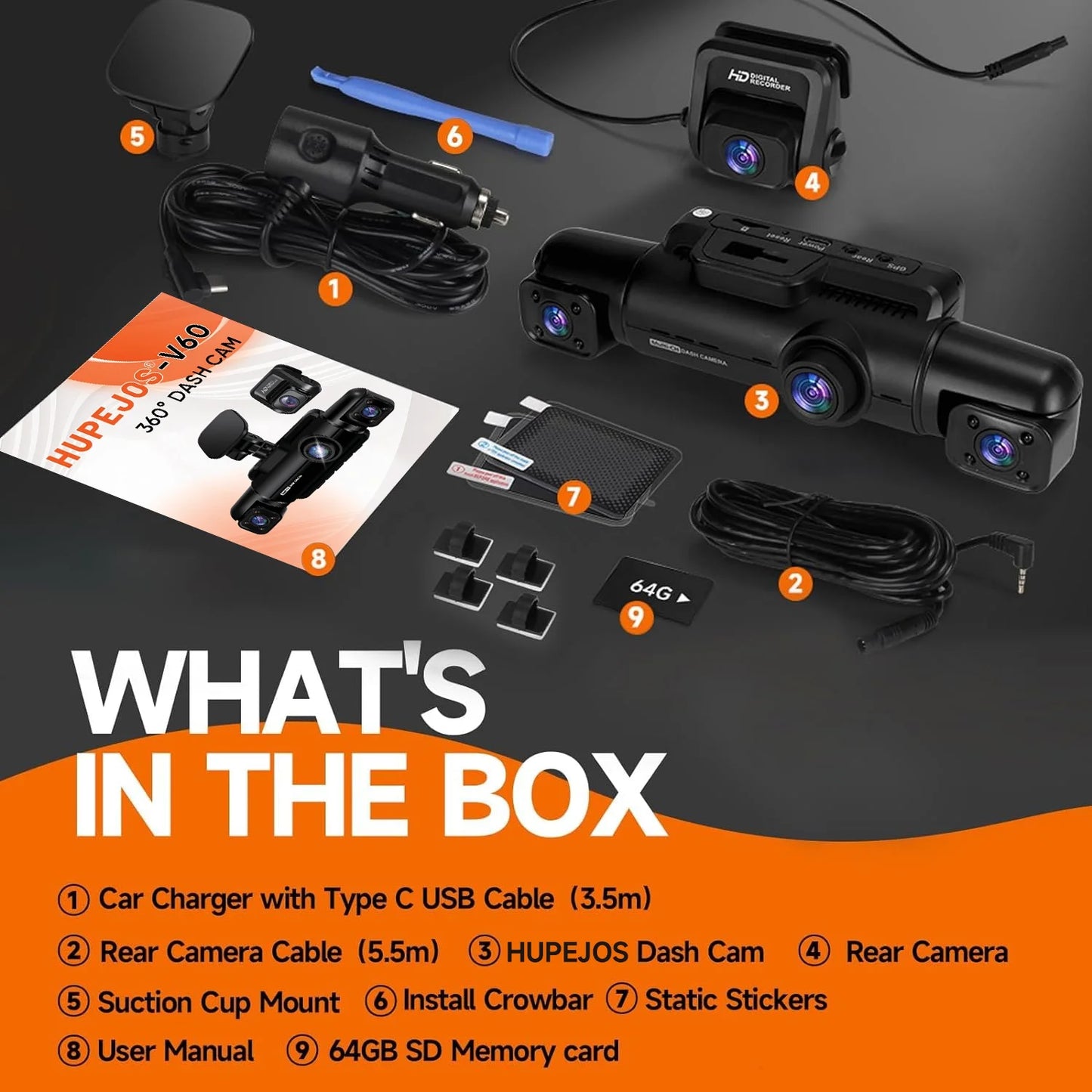 GPS Dash Cam Front and Rear Inside,360° Voice Control 4K Dashcam for Car , 4 Channel 1080P Dash Camera APP&WIFI Supported,Night Vision FHD Car Camera with 64GB Card, WDR, Parking Mode