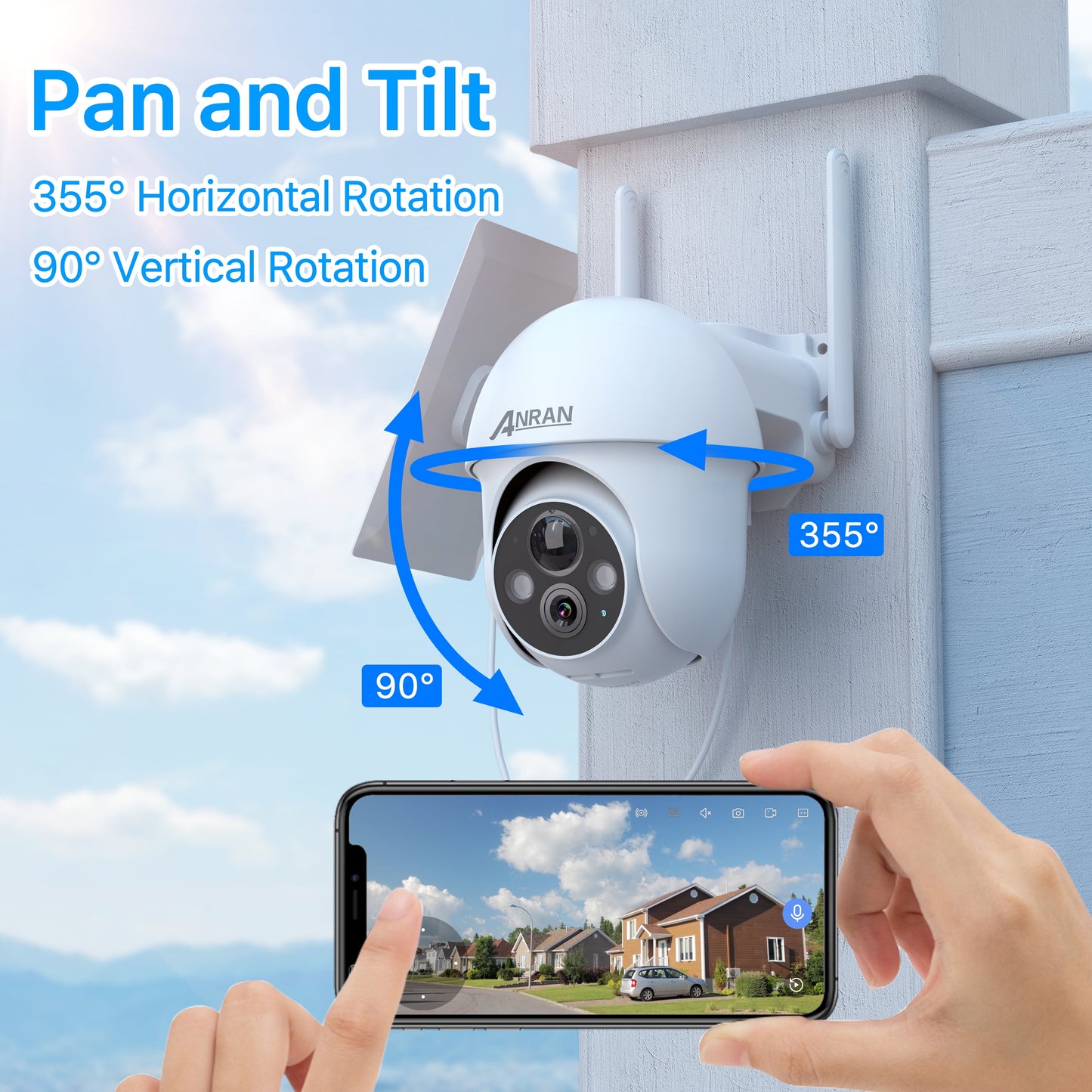 2K Solar Security Camera with Spotlight, 360ยฐ View Wireless Outdoor Camera, Waterproof PIR Detection, Rechargeable Battery Powered Home Surveillance Camera with Color Night Vision 2-Way Audio