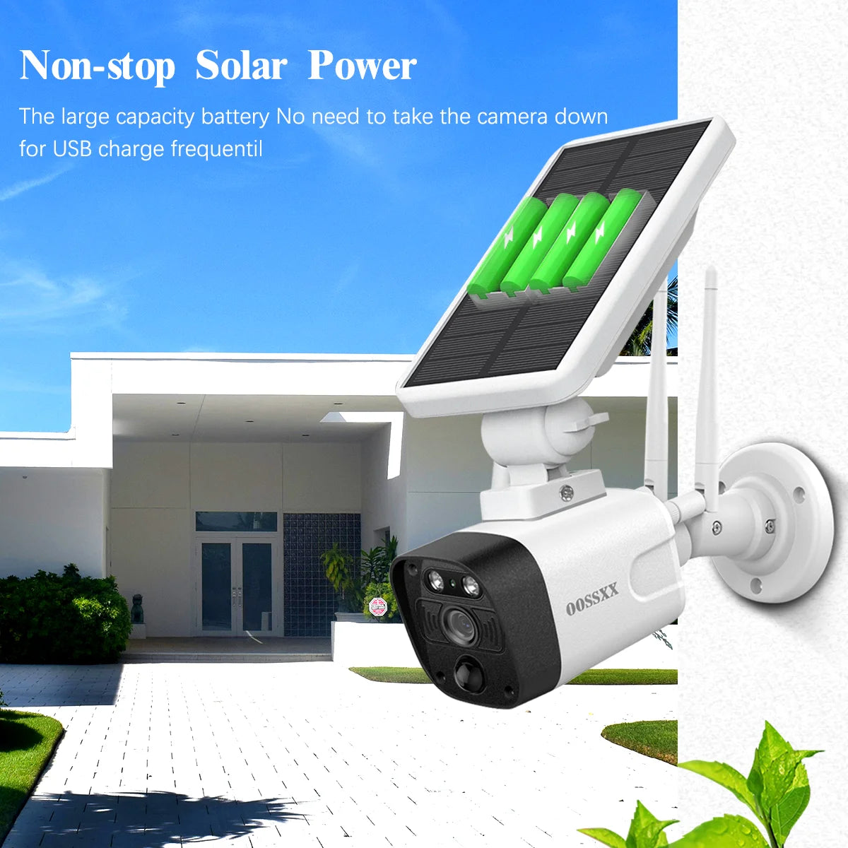 {100% Wire-Free Wireless Solar Cameras} 2-Way Audio, PIR Detection Dual Antennas Outdoor Wireless Surveillance Camera System 1600P Wifi Battery Surveillance Video by