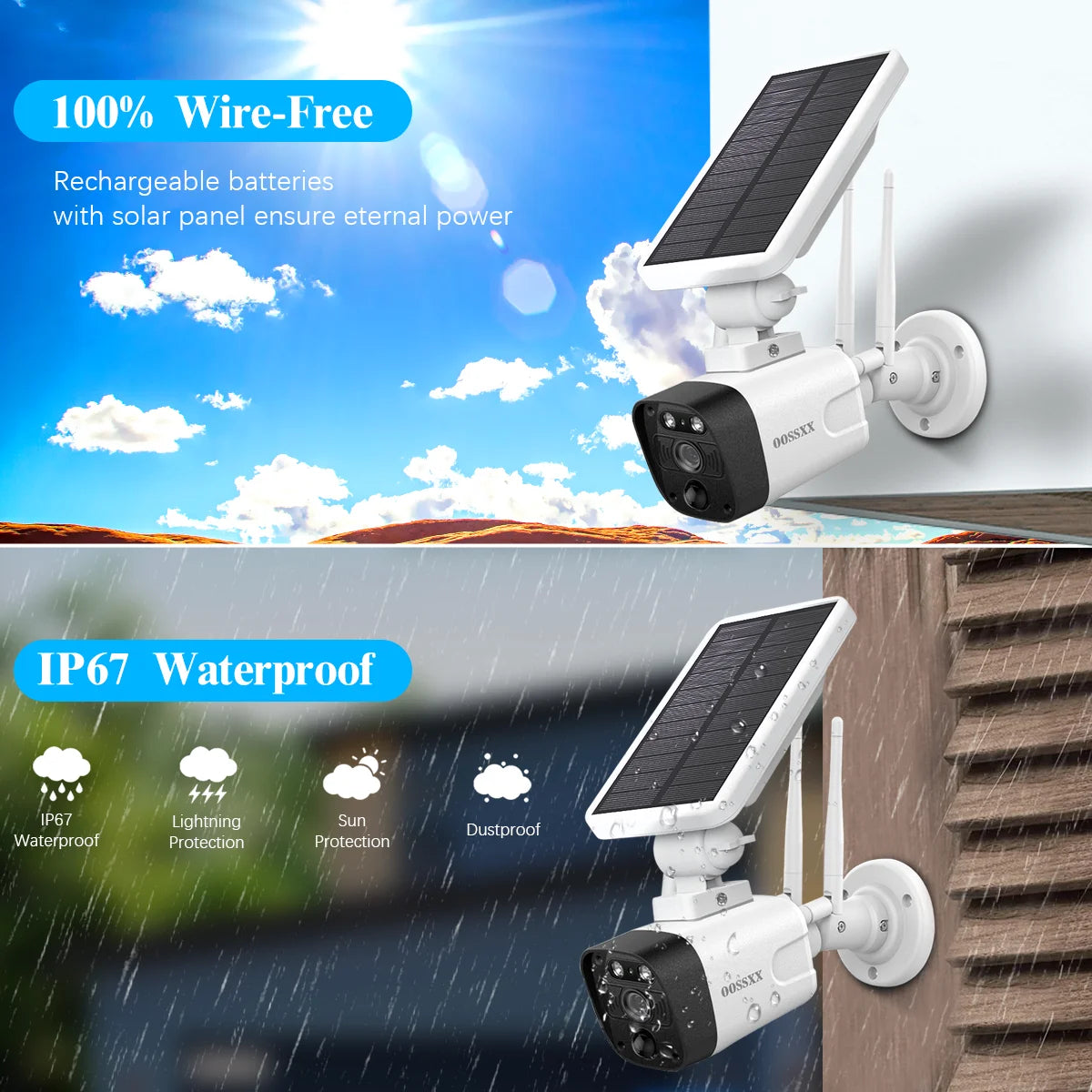 {100% Wire-Free Wireless Solar Cameras} 2-Way Audio, PIR Detection Dual Antennas Outdoor Wireless Surveillance Camera System 1600P Wifi Battery Surveillance Video by