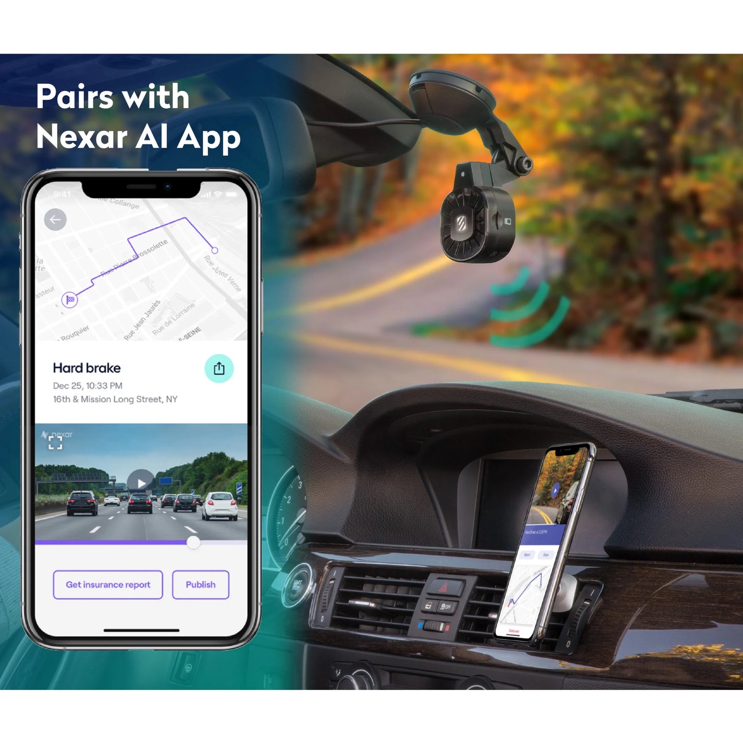 NEXC11032W-SP1 Full HD Smart Windshield Mount Car Dash Cam Powered by Nexar Black