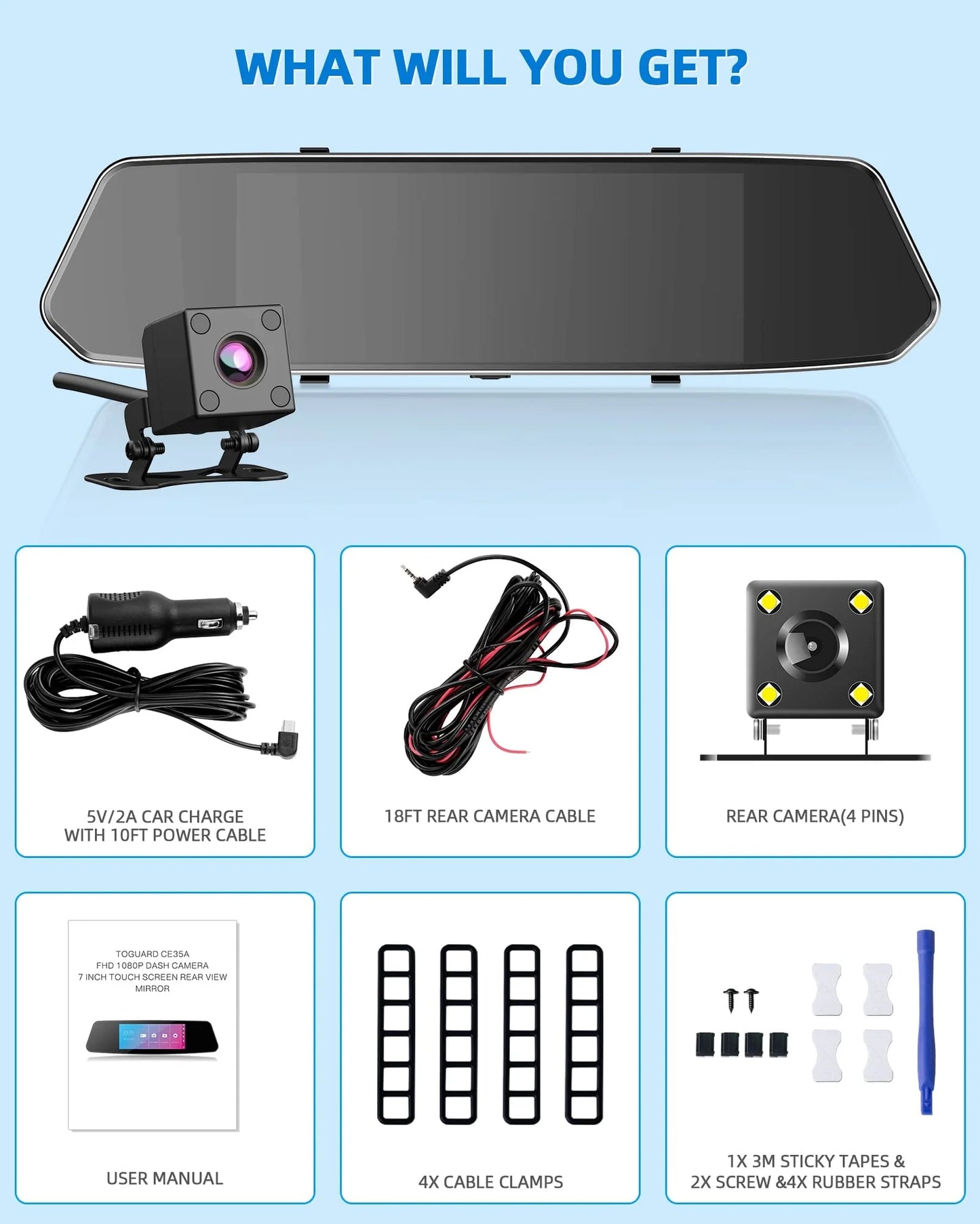 1080P Dual Lens Mirror Dash Cam 7 Inch IPS Touch Screen, Front Car Driving Recorder Camera and Rear View Waterproof Backup Camera 170°Wide Angle with G-Sensor