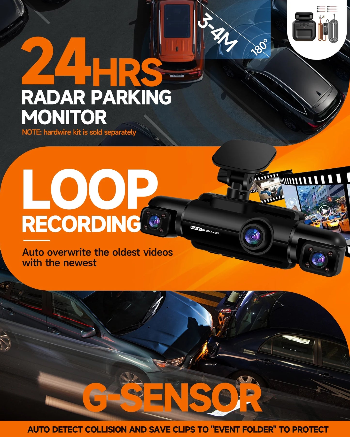 GPS Dash Cam Front and Rear Inside,360° Voice Control 4K Dashcam for Car , 4 Channel 1080P Dash Camera APP&WIFI Supported,Night Vision FHD Car Camera with 64GB Card, WDR, Parking Mode
