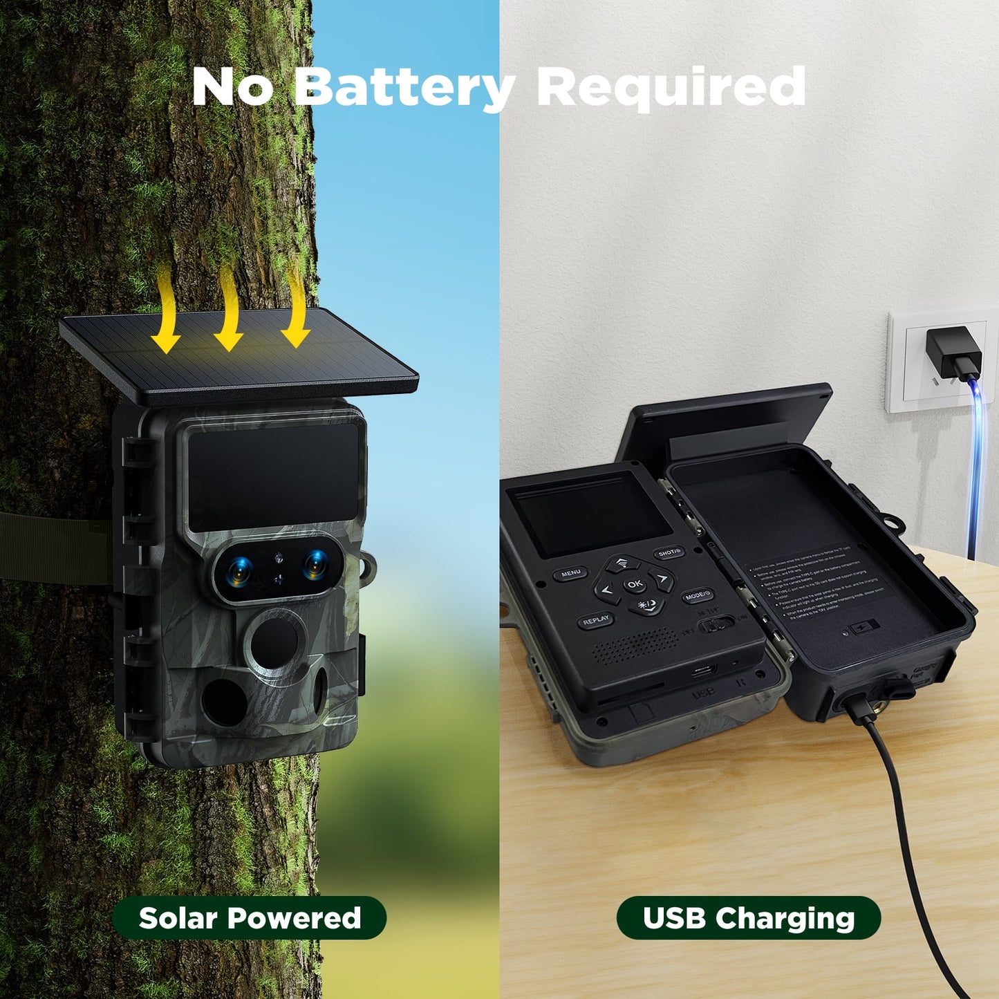 Wifi Trail Camera 4K UHD 30FPS Integrated Solar Powered, Starlight Night Vision Dual Lens 60MP Bluetooth Game Camera with 0.1S Trigger IMX458 Sensors IP66 Waterproof for Wildlife Monitoring