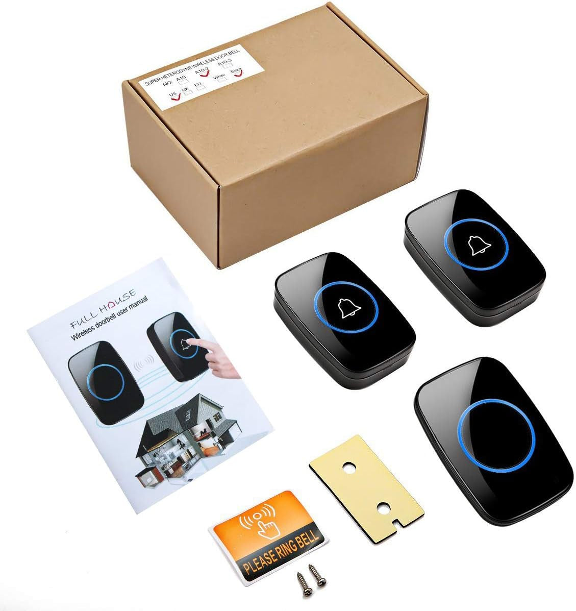 Wireless Doorbell, Waterproof Door Bell Kit, Distinguish Front and Rear Doors, over 1000 Feet Range and 60 Chime, 5 Levels Volume and LED Flash, for Home Office Classroom
