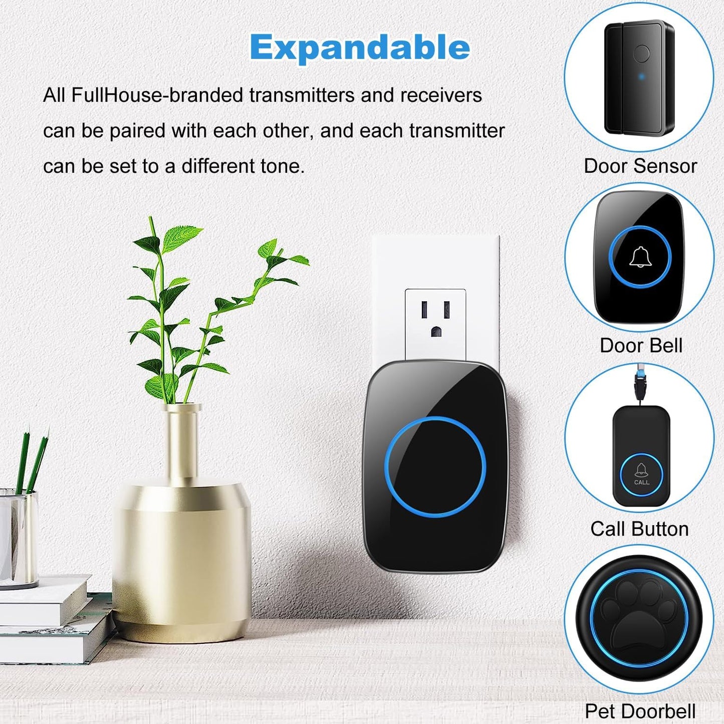Wireless Doorbell, Waterproof Door Bell Kit, Distinguish Front and Rear Doors, over 1000 Feet Range and 60 Chime, 5 Levels Volume and LED Flash, for Home Office Classroom