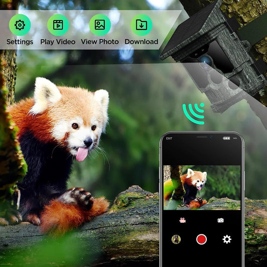 Solar Powered Trail Camera Native 4K 30Fps Wifi Bluetooth 46MP Game Camera with Night Vision Waterproof IP66 Motion Activated 120° Wide Angle Hunting Deer Trail Cam for Wildlife Monitoring