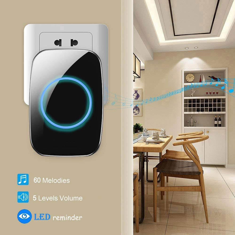 Wireless Doorbell, Waterproof Door Bell Kit, Distinguish Front and Rear Doors, over 1000 Feet Range and 60 Chime, 5 Levels Volume and LED Flash, for Home Office Classroom