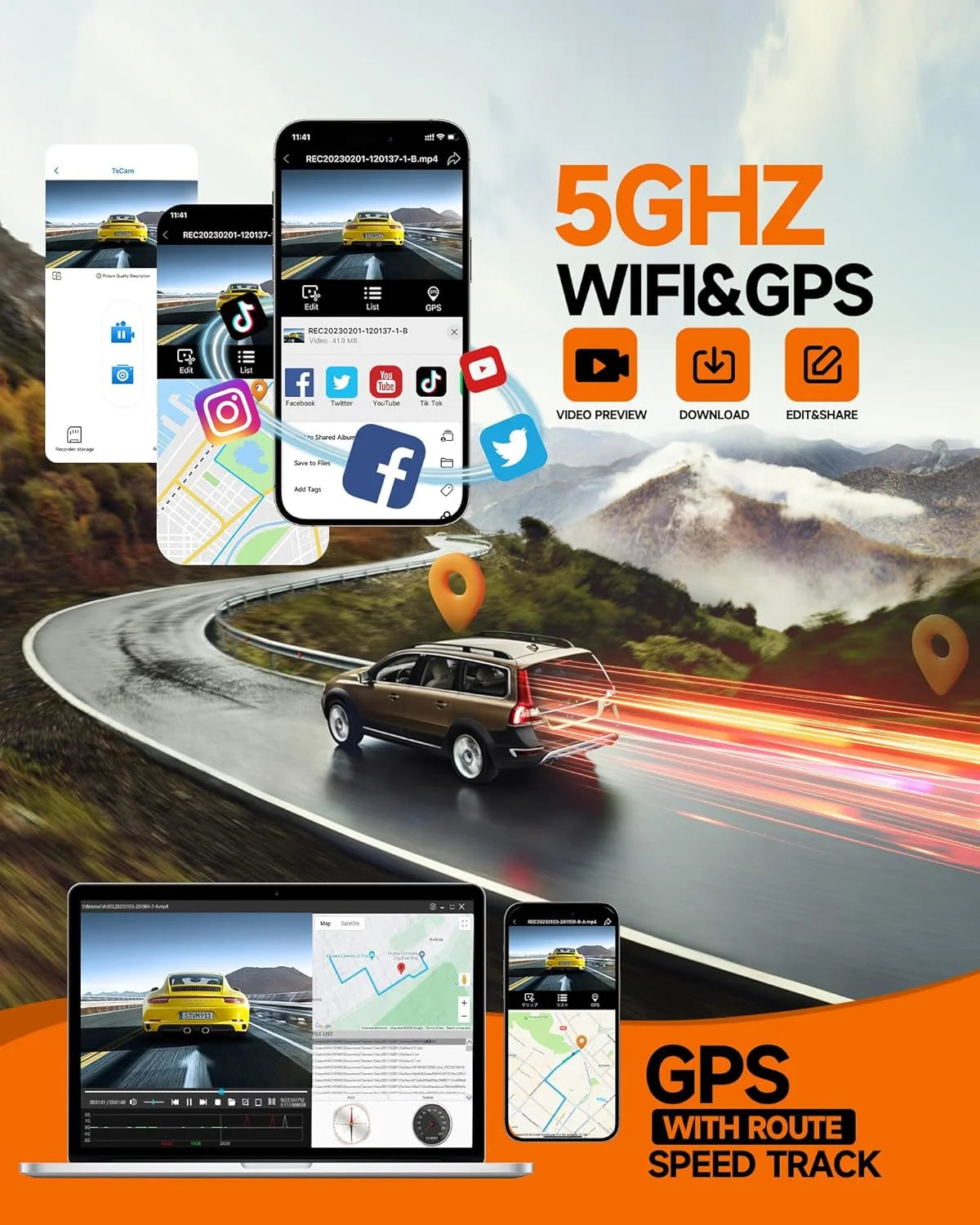 GPS Dash Cam Front and Rear Inside,360° Voice Control 4K Dashcam for Car , 4 Channel 1080P Dash Camera APP&WIFI Supported,Night Vision FHD Car Camera with 64GB Card, WDR, Parking Mode
