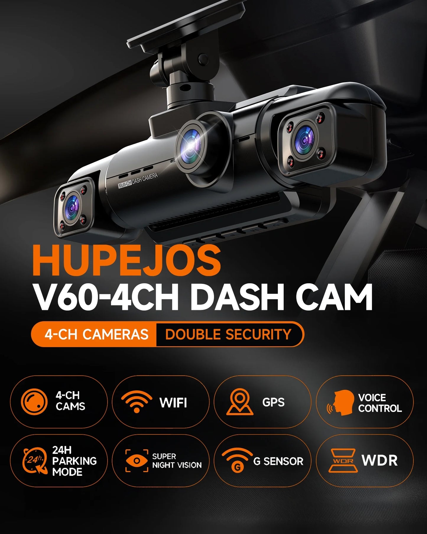 GPS Dash Cam Front and Rear Inside,360° Voice Control 4K Dashcam for Car , 4 Channel 1080P Dash Camera APP&WIFI Supported,Night Vision FHD Car Camera with 64GB Card, WDR, Parking Mode