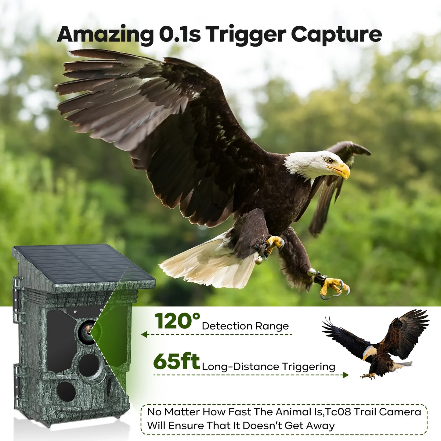 Solar Powered Trail Camera Native 4K 30Fps Wifi Bluetooth 46MP Game Camera with Night Vision Waterproof IP66 Motion Activated 120° Wide Angle Hunting Deer Trail Cam for Wildlife Monitoring