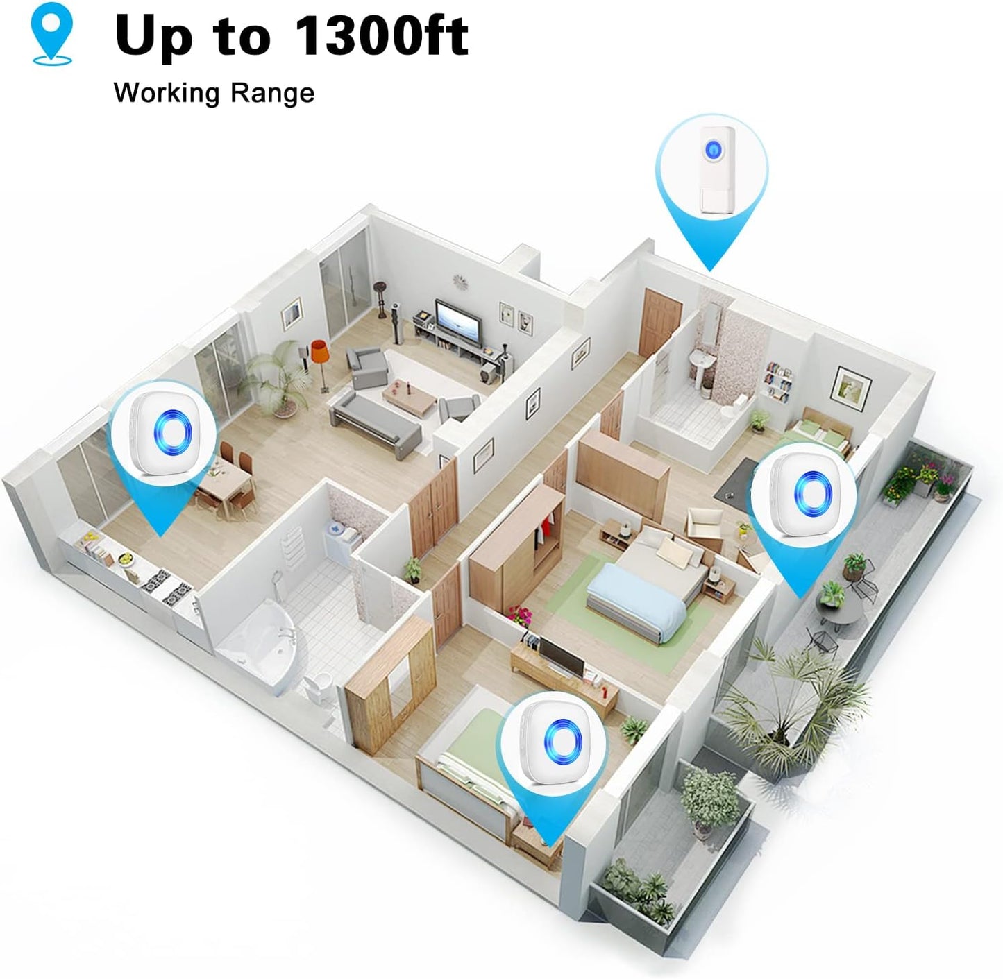 Wireless Door Bell, Waterproof Doorbell Chimes for Home Operating at over 1300-Ft Range 58 Doorbell Ringer 5 Volume Levels LED Strobe Door Bell Kits with 4 Push Buttons & 3 Receivers