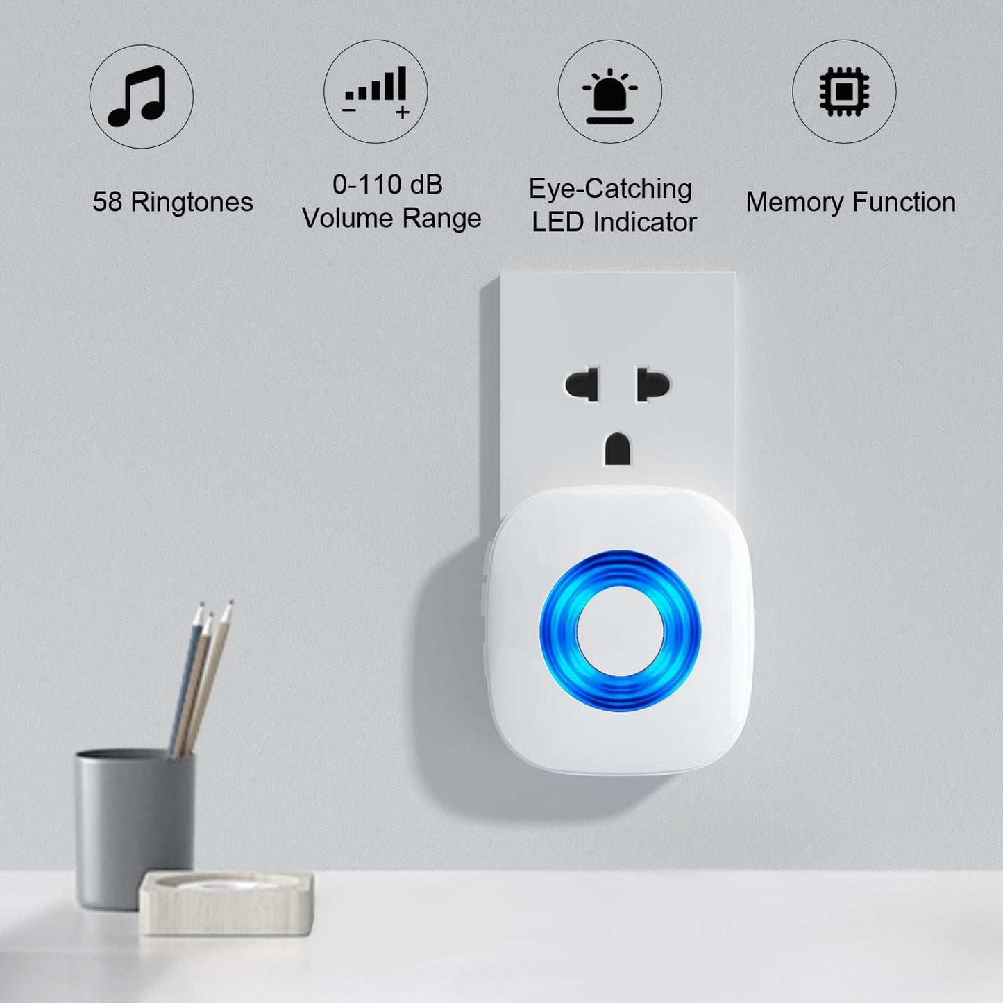 Wireless Door Bell, Waterproof Doorbell Chimes for Home Operating at over 1300-Ft Range 58 Doorbell Ringer 5 Volume Levels LED Strobe Door Bell Kits with 4 Push Buttons & 3 Receivers