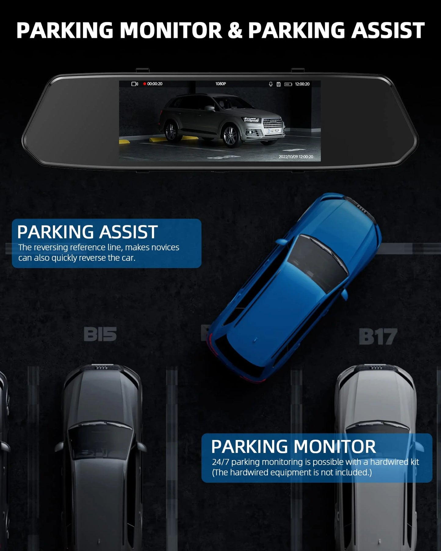 1080P Dual Lens Mirror Dash Cam 7 Inch IPS Touch Screen, Front Car Driving Recorder Camera and Rear View Waterproof Backup Camera 170°Wide Angle with G-Sensor