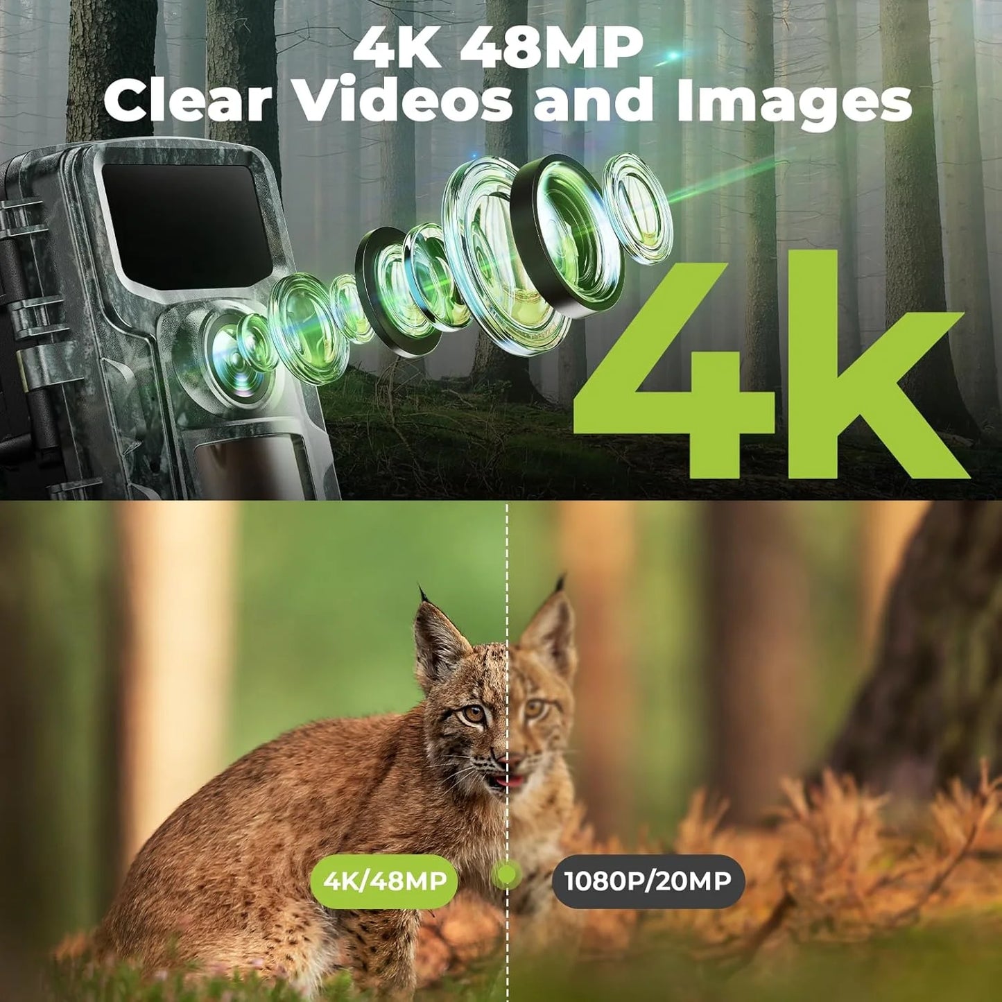 Trail Camera 4K 48MP Game Deer Hunting Camera with Night Vision Waterproof IP66 0.1S Trigger Time Latest Sensor Motion 120° Wide Angel Time-Lapse Trail Cam for Wildlife Monitor 2.0"LCD