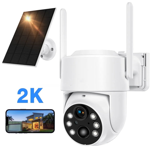 (2 Pack) 360° Pan & Tilt, 2K, 3 MP Outdoor Solar Surveillance Camera with Solar Panel, SIM and SD Card, White, 1