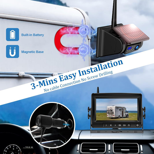Magnetic Solar Wireless Backup Camera HD1080P 3 Min DIY Installation DVR 7" IPS with 2-Split Monitor Rechargeable Rear View Camera System for Hitching Gooseneck Horse Trailer Fifth Wheel Car RV Camper