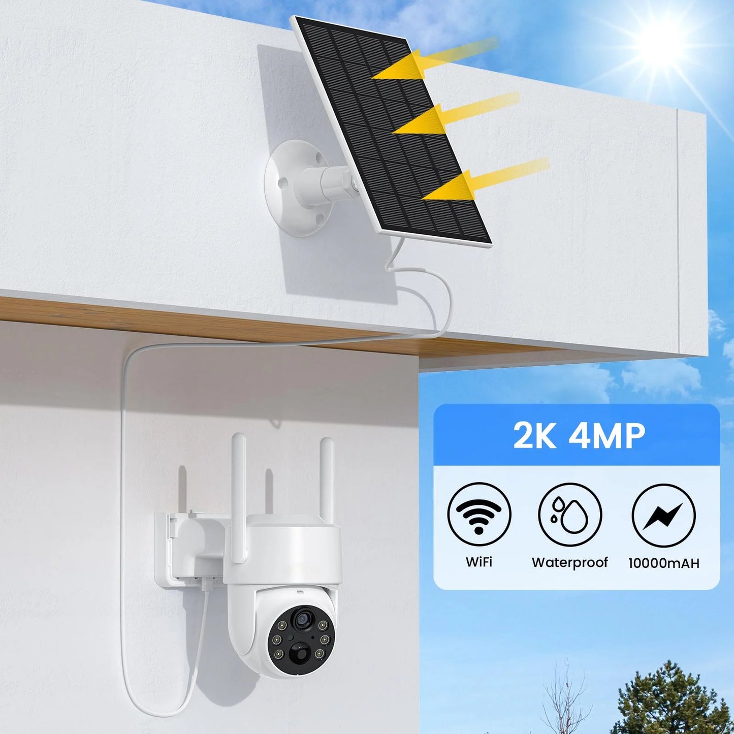 (4 Pack) 360° Pan & Tilt, 2K, 3 MP Outdoor Solar Surveillance Camera with Solar Panel, SIM and SD Card, White, 1