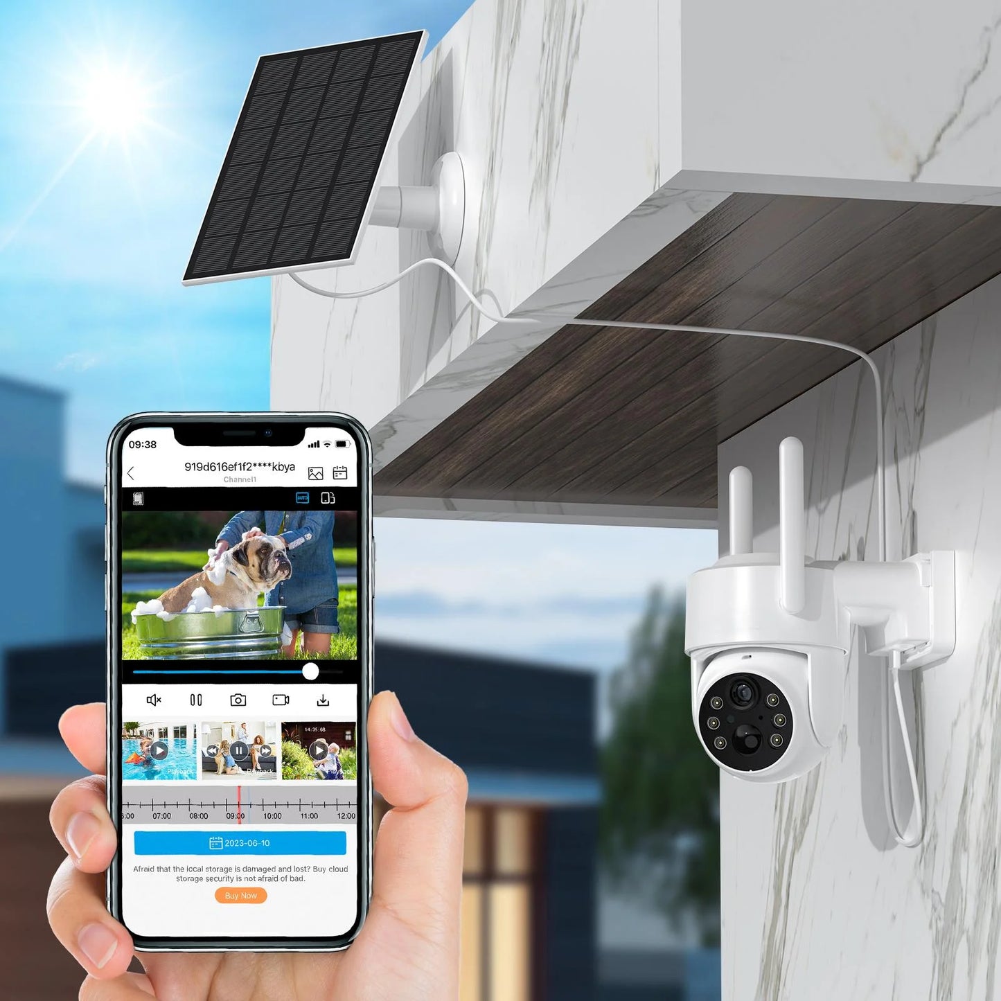 (4 Pack) 360° Pan & Tilt, 2K, 3 MP Outdoor Solar Surveillance Camera with Solar Panel, SIM and SD Card, White, 1