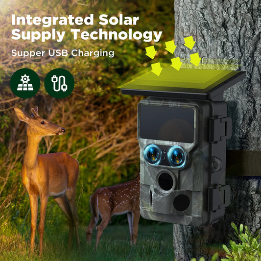 Wifi Trail Camera 4K UHD 30FPS Integrated Solar Powered, Starlight Night Vision Dual Lens 60MP Bluetooth Game Camera with 0.1S Trigger IMX458 Sensors IP66 Waterproof for Wildlife Monitoring