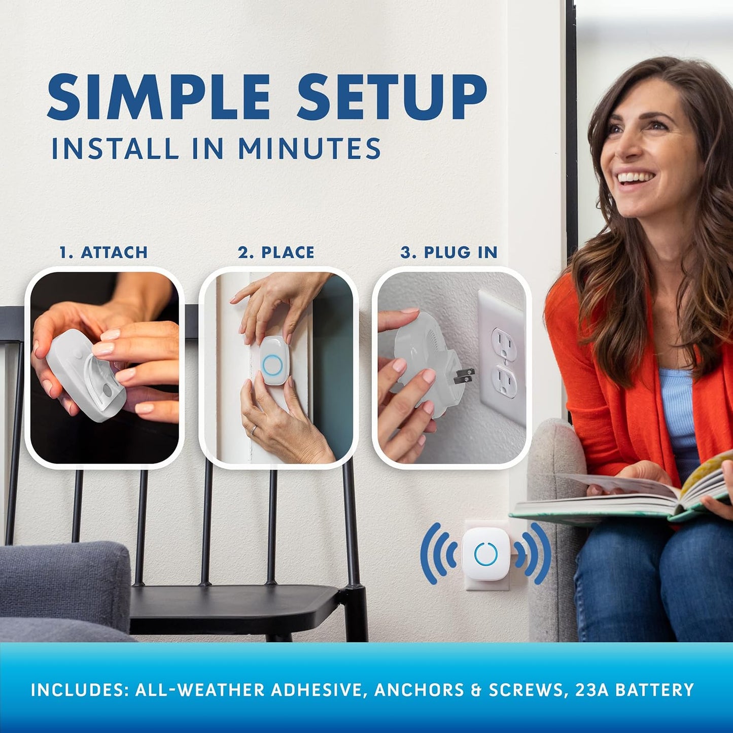 Wireless Doorbells for Home, Apartments, Businesses, Classrooms, Etc. - 2 Door Bell Ringer & 1 Plug-In Chime Receiver, Battery Operated, Easy-To-Use, Wireless Doorbell W/Led Flash, White