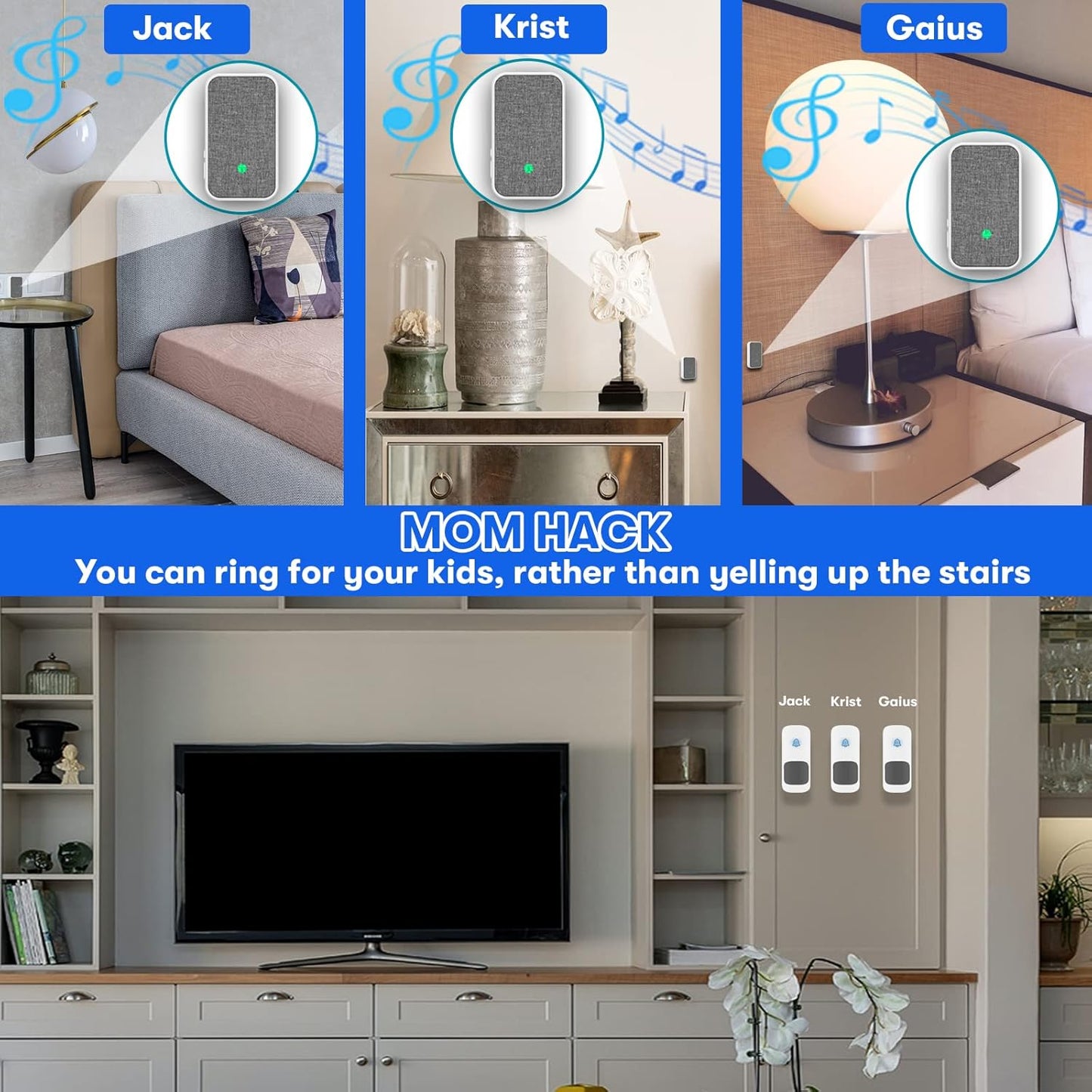 Wireless Doorbell, Remote Door Bell Ringer Wireless Long Range 1300FT with Fabric Finish, Portable Wireless Door Bells with 2Pcs Plug-In Doorbell Chime and 2Pcs Waterproof Ringer Button