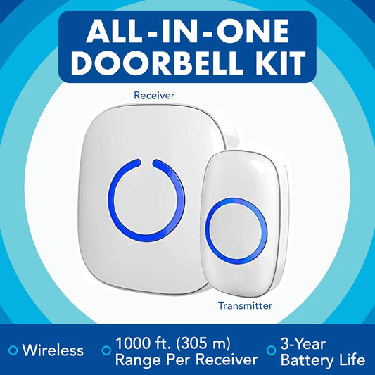 Wireless Doorbells for Home, Apartments, Businesses, Classrooms, Etc. - 2 Door Bell Ringer & 1 Plug-In Chime Receiver, Battery Operated, Easy-To-Use, Wireless Doorbell W/Led Flash, White