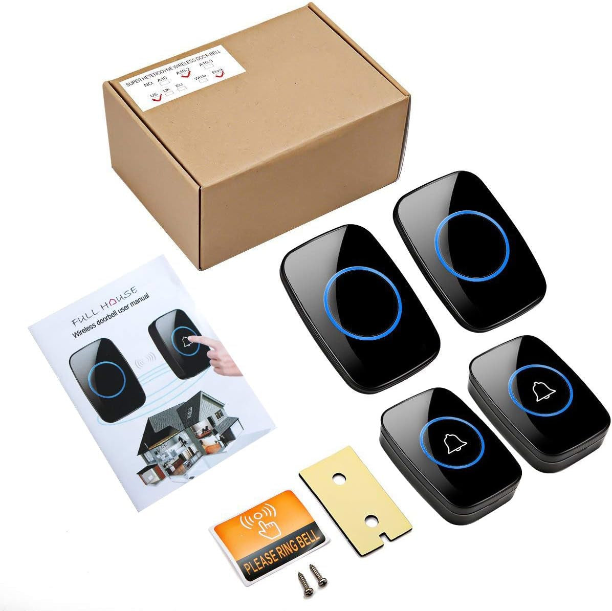 Wireless Doorbell, Waterproof Door Bell Kit, Distinguish Front and Rear Doors, over 1000 Feet Range and 60 Chime, 5 Levels Volume and LED Flash, for Home Office Classroom
