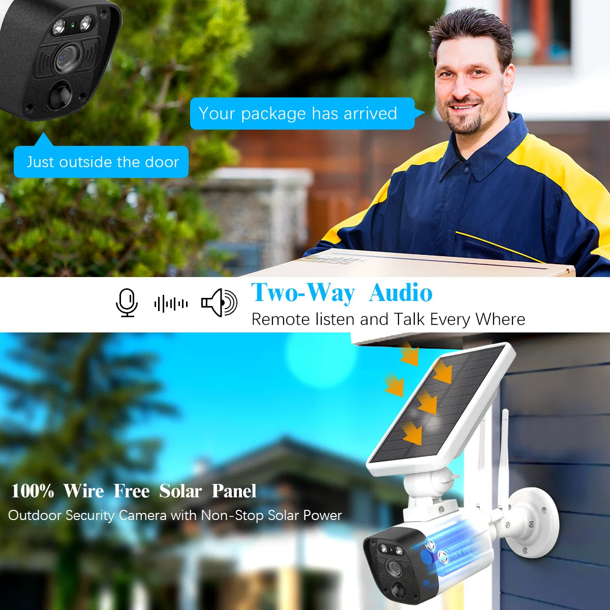 {100% Wire-Free Wireless Solar Cameras} 2-Way Audio, PIR Detection Dual Antennas Outdoor Wireless Surveillance Camera System 1600P Wifi Battery Surveillance Video by