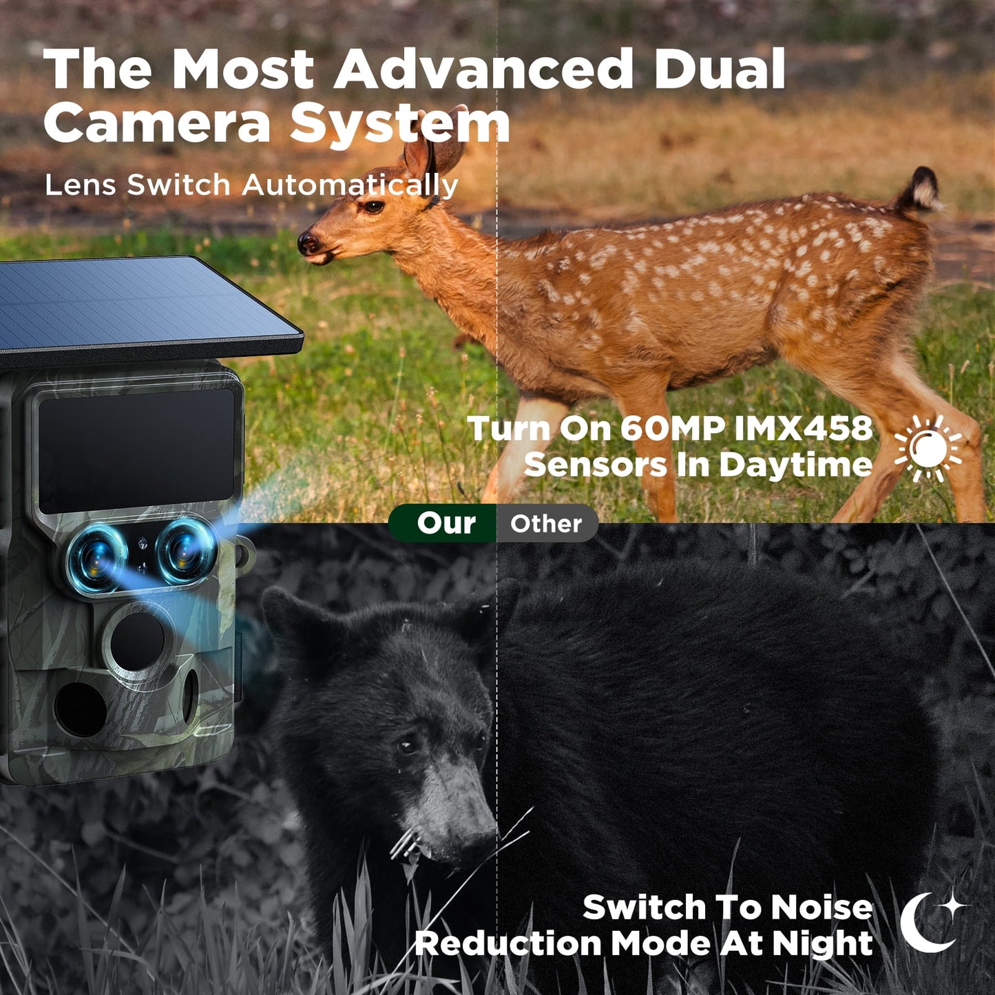Wifi Trail Camera 4K UHD 30FPS Integrated Solar Powered, Starlight Night Vision Dual Lens 60MP Bluetooth Game Camera with 0.1S Trigger IMX458 Sensors IP66 Waterproof for Wildlife Monitoring