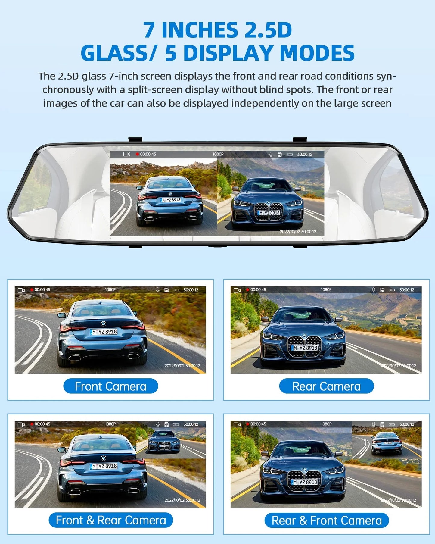 1080P Dual Lens Mirror Dash Cam 7 Inch IPS Touch Screen, Front Car Driving Recorder Camera and Rear View Waterproof Backup Camera 170°Wide Angle with G-Sensor
