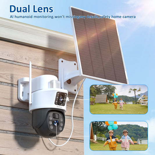 4K/8MP Solar Security Camera, 360° View Wireless Outdoor Camera, Waterproof PIR Detection, Rechargeable Battery Powered Home Dual Lens Surveillance Camera with Color Night Vision 2-Way Audio