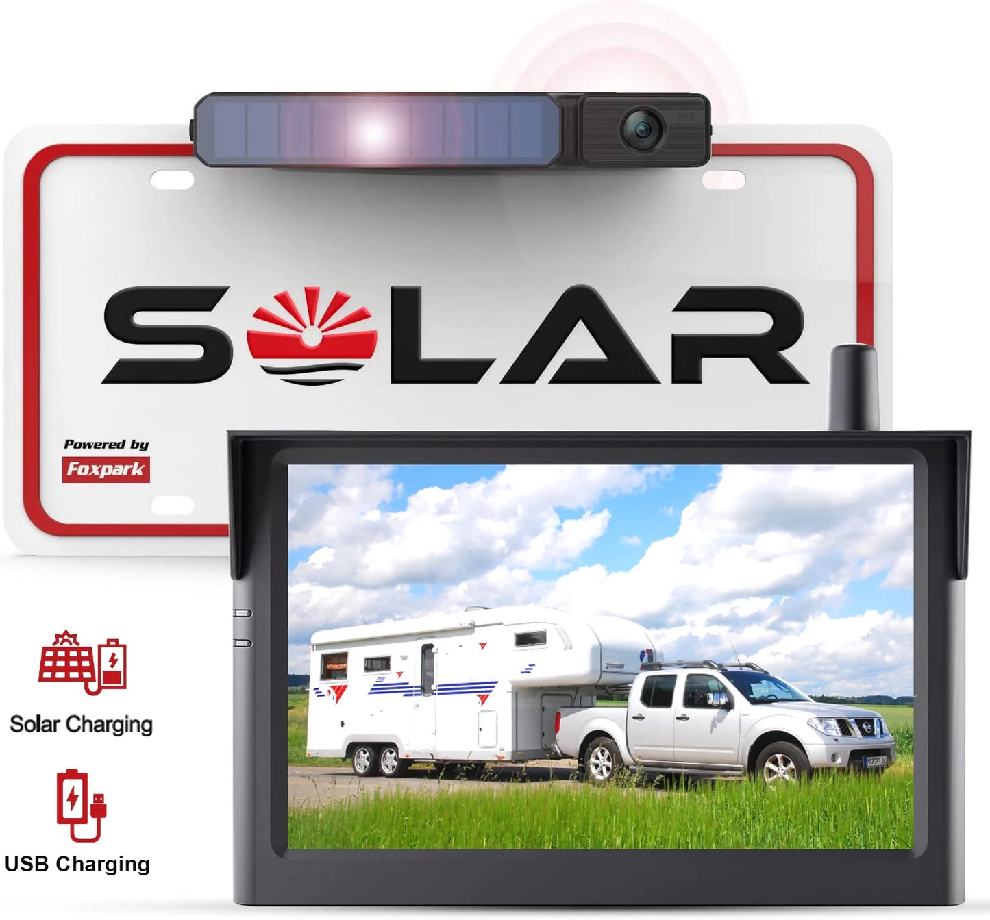 Solar Wireless Backup Camera System for Campervans, RV Digital Rear View Back up Cameras 2 Channel Solar Charging Reverse Camera for Van Truck