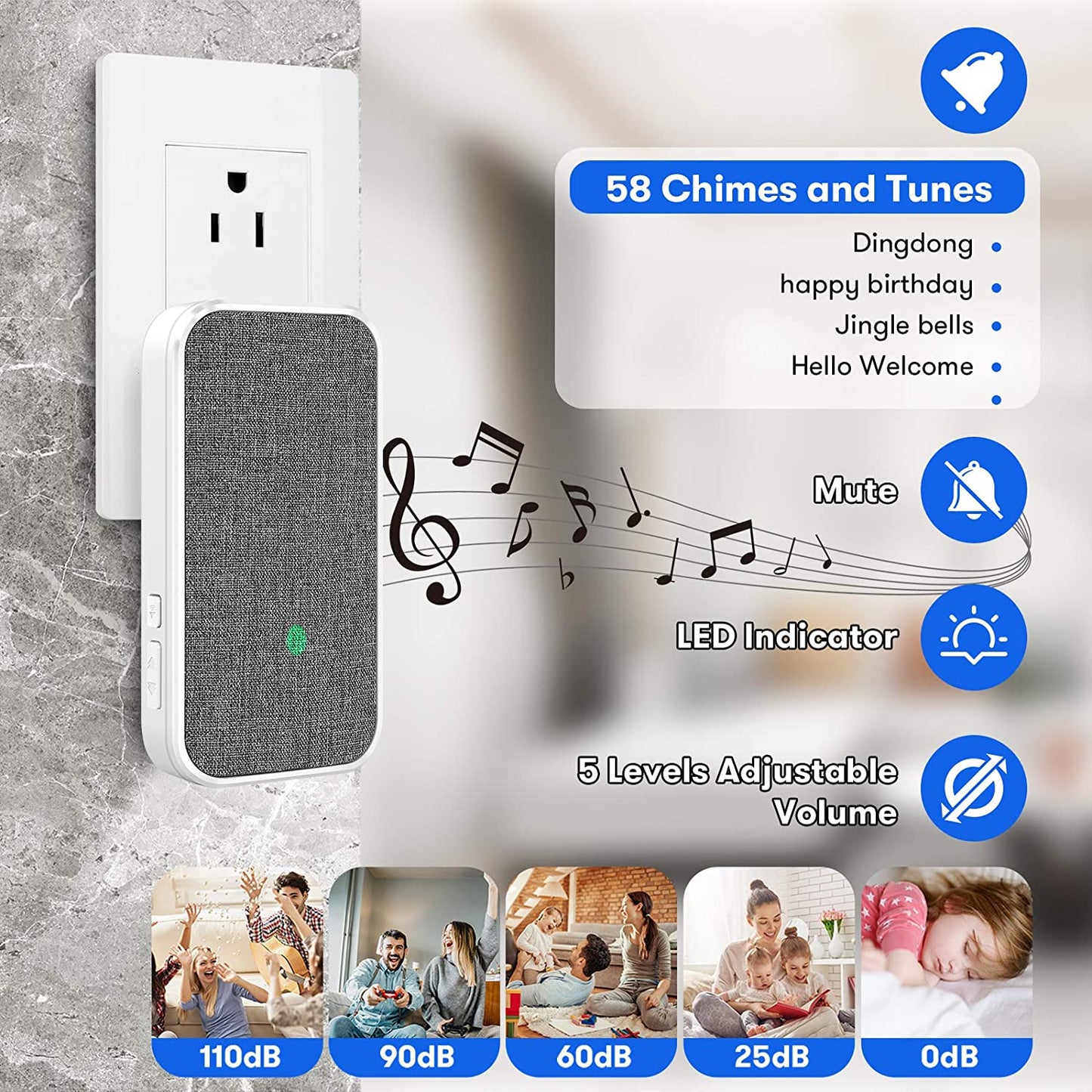 Wireless Doorbell, Remote Door Bell Ringer Wireless Long Range 1300FT with Fabric Finish, Portable Wireless Door Bells with 2Pcs Plug-In Doorbell Chime and 2Pcs Waterproof Ringer Button