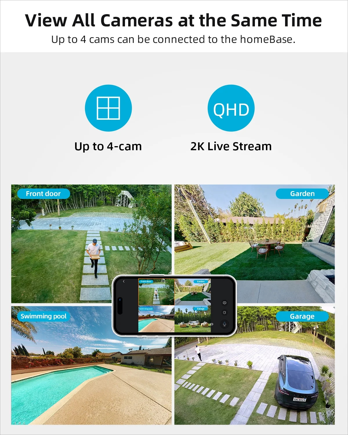 Solar Wireless Outdoor Security Cameras, 2K/3MP Home Security System, 2 Camera Kit with 166° Ultra-Wide View, Solar Powered, Spotlight, Night Vision, No Monthly Fee, 32G Local Storage