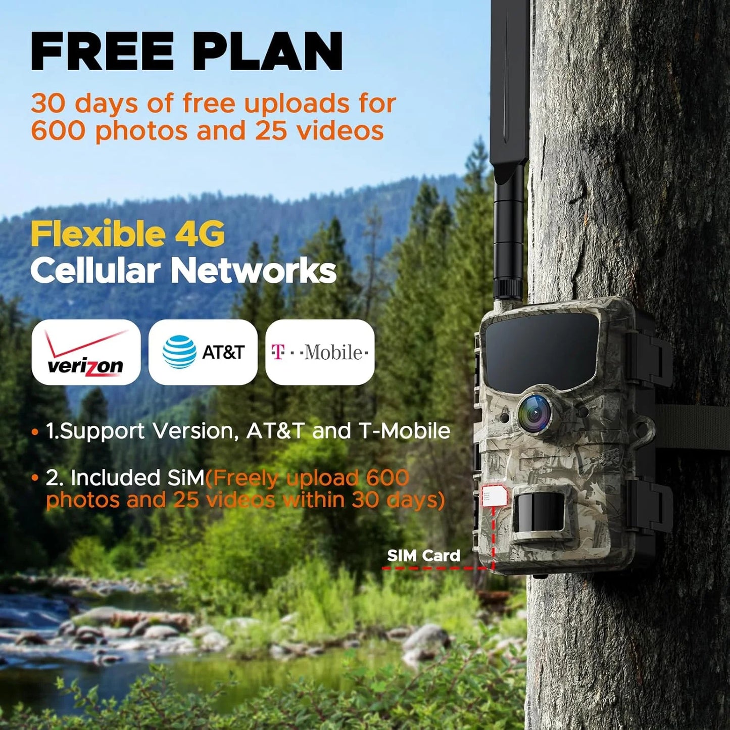 4G LTE Cellular Trail Camera Sends Picture Video to Cell Phone - Game Camera 24MP 1080P Hunting Camera with Night Vision Motion Activated Waterproof IP66 2.4" Screen for Wildlife Monitoring