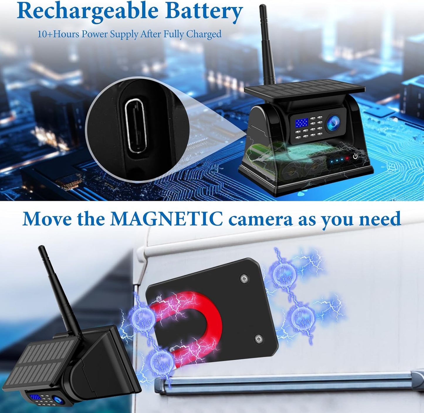 Magnetic Solar Wireless Backup Camera HD1080P 3 Min DIY Installation DVR 7" IPS with 2-Split Monitor Rechargeable Rear View Camera System for Hitching Gooseneck Horse Trailer Fifth Wheel Car RV Camper
