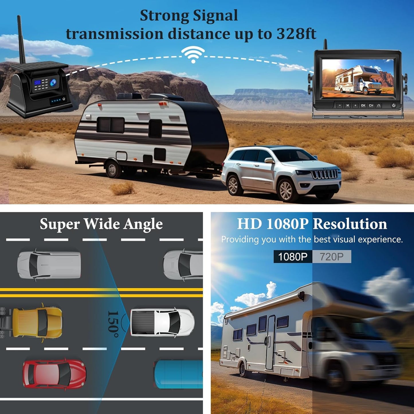 Magnetic Solar Wireless Backup Camera HD1080P 3 Min DIY Installation DVR 7" IPS with 2-Split Monitor Rechargeable Rear View Camera System for Hitching Gooseneck Horse Trailer Fifth Wheel Car RV Camper