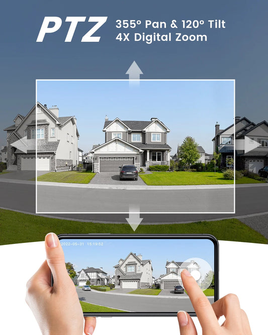 Security Cameras Wireless Outdoor, 2K Wifi Solar Camera for Home Surveillance, 360 View PTZ, Battery Powered, Color Night Vision, Motion Sensor