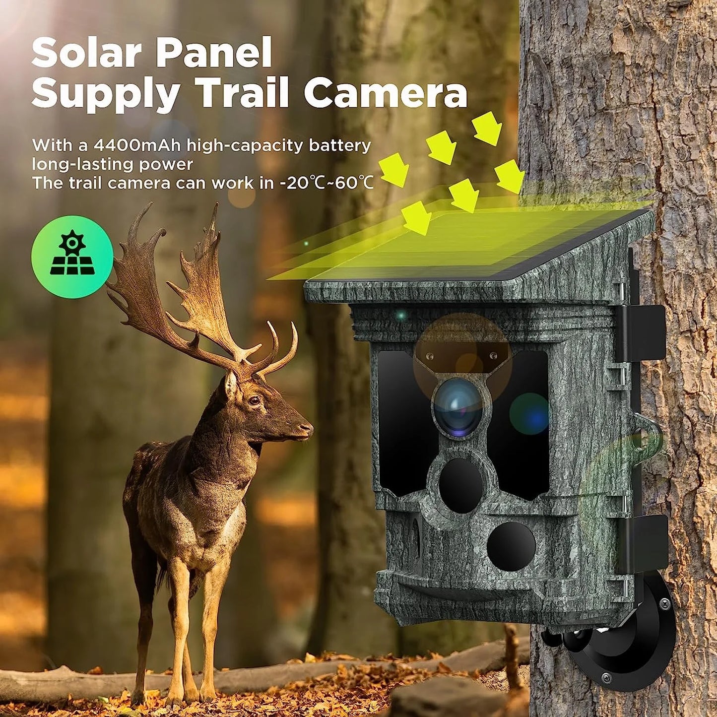 Solar Powered Trail Camera Native 4K 30Fps Wifi Bluetooth 46MP Game Camera with Night Vision Waterproof IP66 Motion Activated 120° Wide Angle Hunting Deer Trail Cam for Wildlife Monitoring