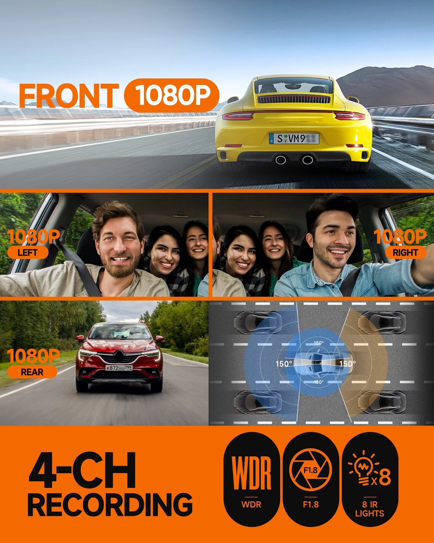 GPS Dash Cam Front and Rear Inside,360° Voice Control 4K Dashcam for Car , 4 Channel 1080P Dash Camera APP&WIFI Supported,Night Vision FHD Car Camera with 64GB Card, WDR, Parking Mode