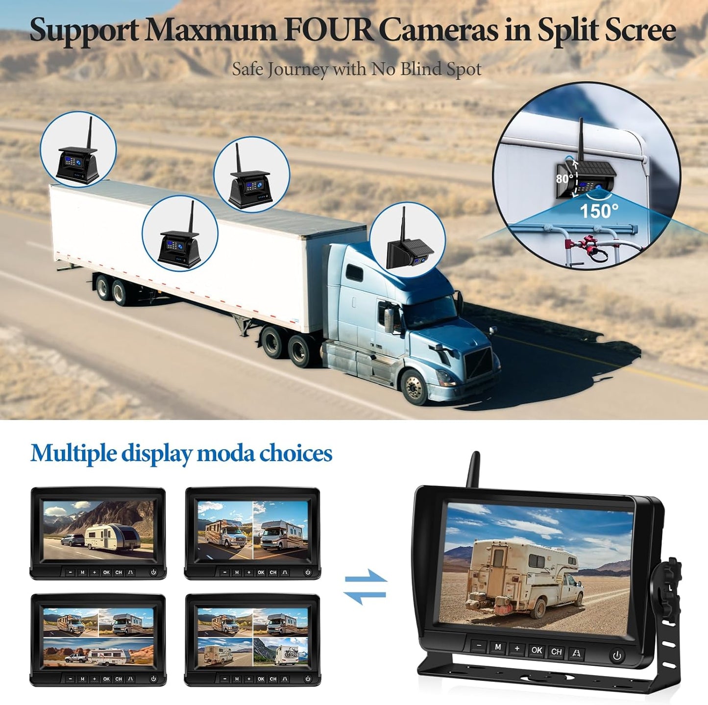 Magnetic Solar Wireless Backup Camera HD1080P 3 Min DIY Installation DVR 7" IPS with 2-Split Monitor Rechargeable Rear View Camera System for Hitching Gooseneck Horse Trailer Fifth Wheel Car RV Camper