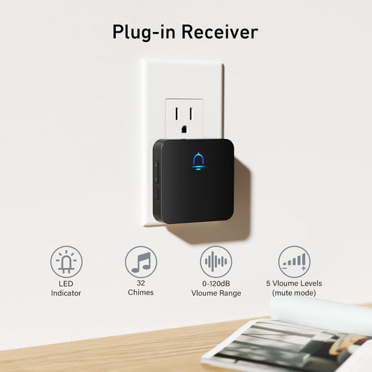 Doorbell, 2 Receiver Wireless Doorbell with 1000Ft Range, Adjustable Volume, Waterproof Design, Hassle-Free Installation, 32 Melodies, Black