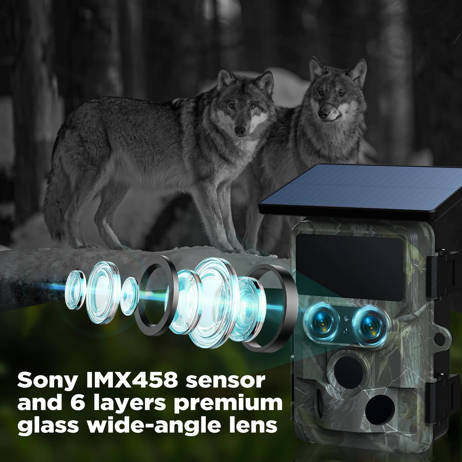 Wifi Trail Camera 4K UHD 30FPS Integrated Solar Powered, Starlight Night Vision Dual Lens 60MP Bluetooth Game Camera with 0.1S Trigger IMX458 Sensors IP66 Waterproof for Wildlife Monitoring