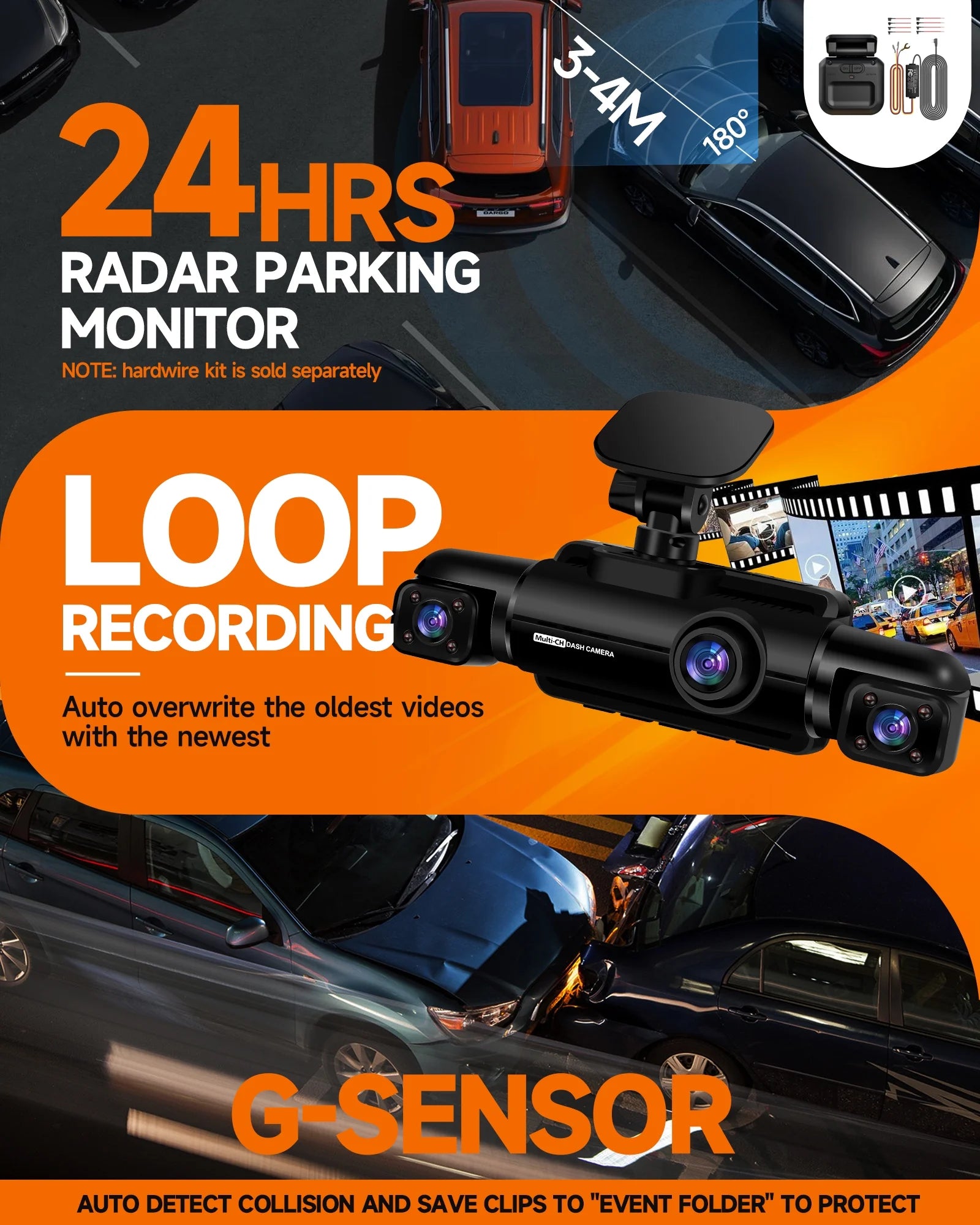 GPS Dash Cam Front and Rear Inside,360° Voice Control 4K Dashcam for Car , 4 Channel 1080P Dash Camera APP&WIFI Supported,Night Vision FHD Car Camera with 64GB Card, WDR, Parking Mode