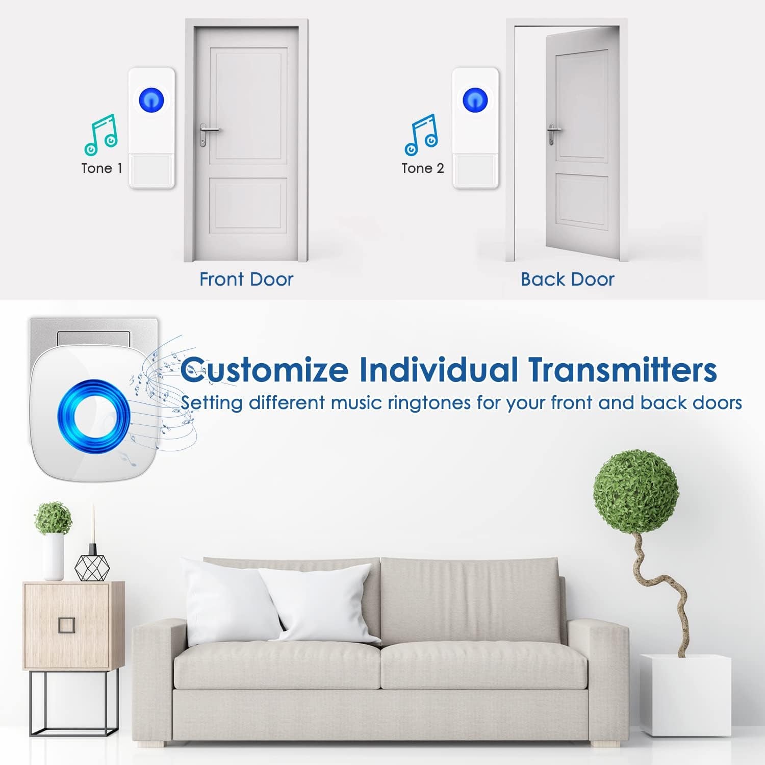Wireless Door Bell,  Waterproof Doorbell Chimes for Home Operating at over 1300-Ft Range 58 Doorbell Ringer 5 Volume Levels LED Strobe Door Bell Kits with 4 Push Buttons & 3 Receivers