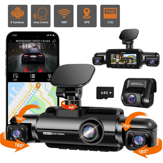 GPS Dash Cam Front and Rear Inside,360° Voice Control 4K Dashcam for Car , 4 Channel 1080P Dash Camera APP&WIFI Supported,Night Vision FHD Car Camera with 64GB Card, WDR, Parking Mode