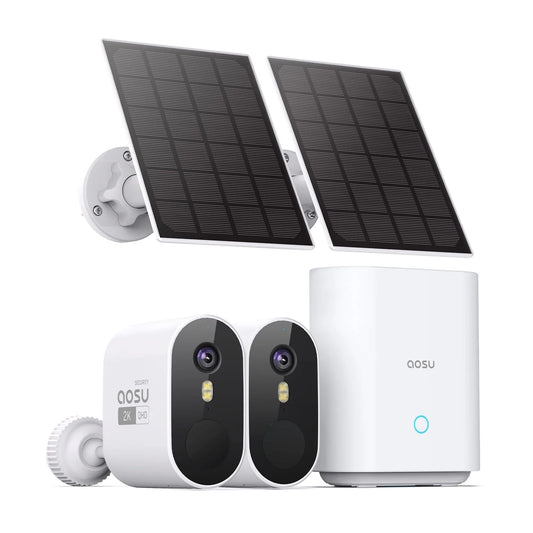 Solar Wireless Outdoor Security Cameras, 2K/3MP Home Security System, 2 Camera Kit with 166° Ultra-Wide View, Solar Powered, Spotlight, Night Vision, No Monthly Fee, 32G Local Storage