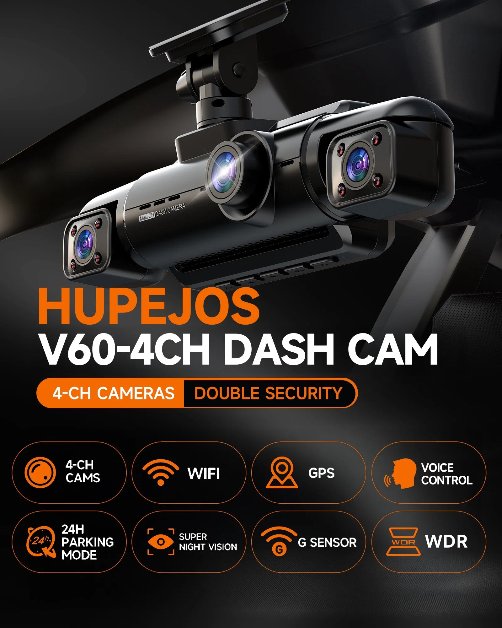 GPS Dash Cam Front and Rear Inside,360° Voice Control 4K Dashcam for Car , 4 Channel 1080P Dash Camera APP&WIFI Supported,Night Vision FHD Car Camera with 64GB Card, WDR, Parking Mode