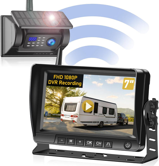 Magnetic Solar Wireless Backup Camera HD1080P 3 Min DIY Installation DVR 7" IPS with 2-Split Monitor Rechargeable Rear View Camera System for Hitching Gooseneck Horse Trailer Fifth Wheel Car RV Camper